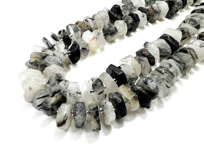 Natural Tourmaline Rutilated Quartz, Black Tourmalinated Quartz Faceted Flat Disc Round Nugget Gemstone Beads - RDF15