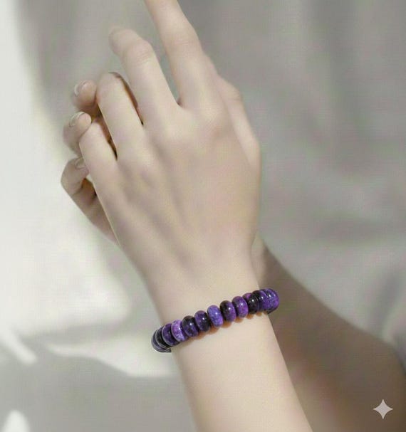 Violet Purple Jade Rondelle Bead Bracelet: Handmade Elastic Cord