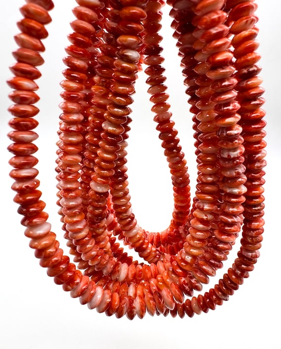 Natural Red Spiny Oyster Shell Beads Polished Smooth Saucer Heishi Rondelle Vibrant Red & White Shell 8mm 12mm Gemstone Jewelry Supply - SO5