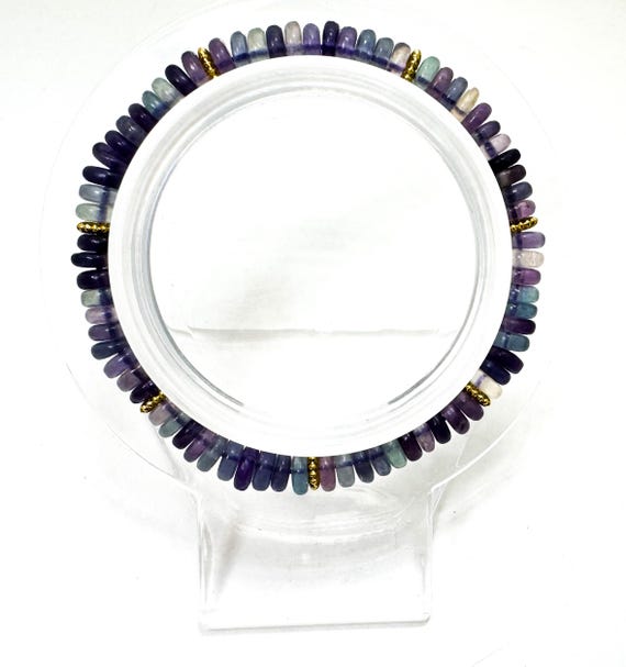 Handmade Natural Fluorite Rondelle Bracelet 6.5" – 6mm Gemstone Beads with Gold Spacers - PGB8R32
