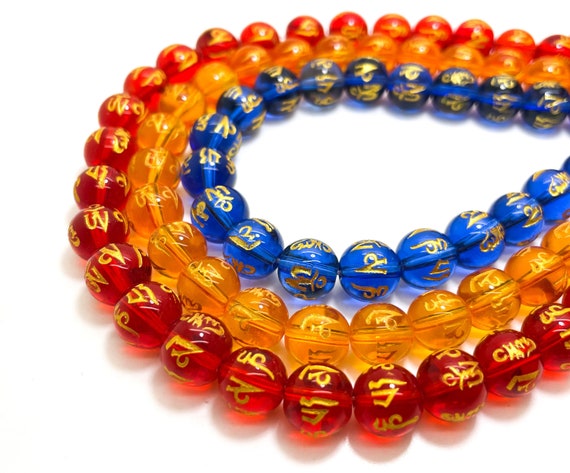 Agate Beads with Tibet Tibetan Symbol Smooth Polished 10mm 8mm Beads - Red Orange Blue - RN69