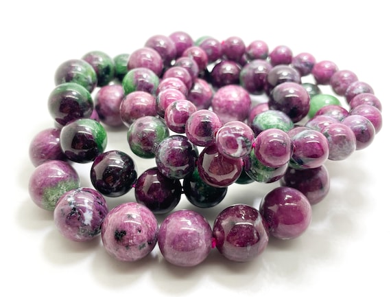 Genuine Ruby Zoisite Bracelet, Natural Ruby Zoisite Polished Round 9mm 11mm 12mm 14mm Gemstone Bead Beaded Bracelet - PGB237