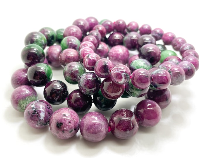 Genuine Ruby Zoisite Bracelet, Natural Ruby Zoisite Polished Round 9mm 11mm 12mm 14mm Gemstone Bead Beaded Bracelet - PGB237