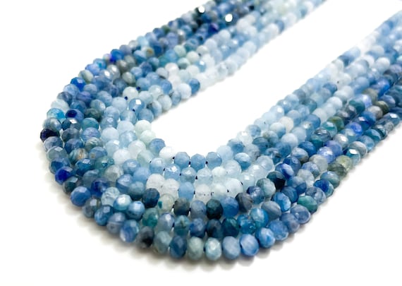 Natural Aquamarine Kyanite Beads, Faceted Rondelle Blue Aquamarine Kyanite 3mm x 4mm Aquamarine Gemstone Beads - RDF71