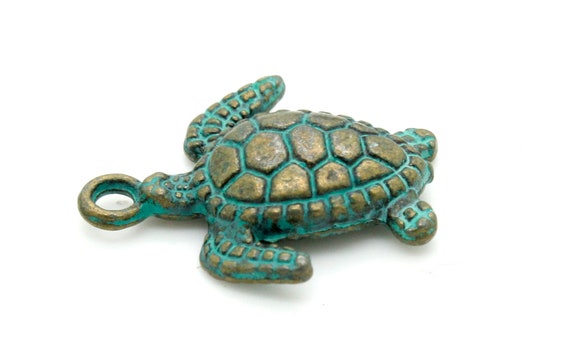 Antiqued Patina Green Bronze Charm Beads Pendant Earing 17mm x 15mm x 3mm - Sea Turtle