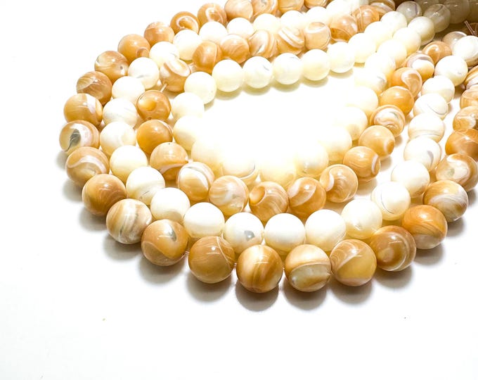 AAA Iridescent White/Brown Mother of Pearl MOP Shell Smooth Polished Round Beads RN13