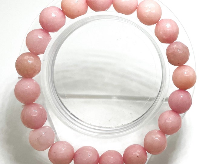 Peach Jade Faceted Round 10mm Gemstone Stretch Handmade Bracelet - PGB167