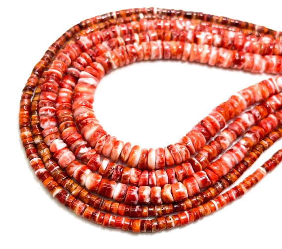 Natural Red Spiny Oyster Shell Rondelle Beads, Smooth Heishi Style, Red Orange White Mix, Jewelry Making Supplies - SO8