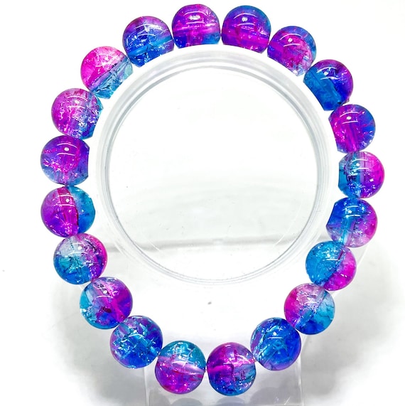 Crackle Quartz Handmade Cracked Crystal 10mm Polished Smooth Gemstone Bracelet (Purple Blue) - PGB238G