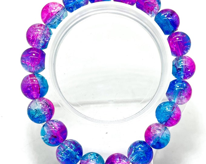 Crackle Quartz Handmade Cracked Crystal 10mm Polished Smooth Gemstone Bracelet (Purple Blue) - PGB238G