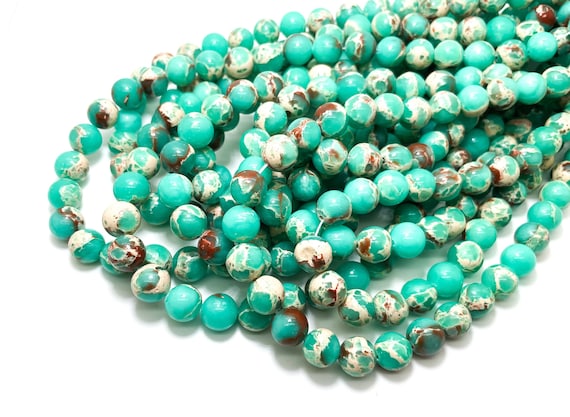 Natural Aqua Green African Sea Sediment Jasper Smooth Polished Round Sphere Gemstone Beads (6mm 8mm 10mm) Full 15.5 Inch Strand - RN23