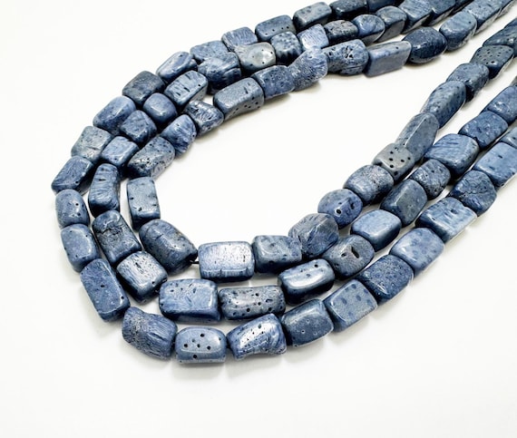 Natural Blue Coral Rectangular Beads Organic Pillow Barrel Shape Approx 6x6x8–10mm 16" Strand Ocean Blue Coral Jewelry Making Supplies BC-4
