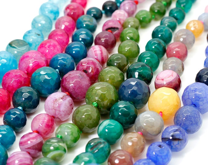 Colorful Rainbow Agate Beads, Faceted Round Dyed Agate Assorted Size Loose Gemstone Beads (Blue Green Ppurple Pink Yellow)- RNF104