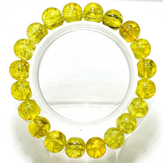 Crackle Quartz Handmade Cracked Crystal 10mm Polished Smooth Gemstone Bracelet (Yellow Gold) - PGB239C