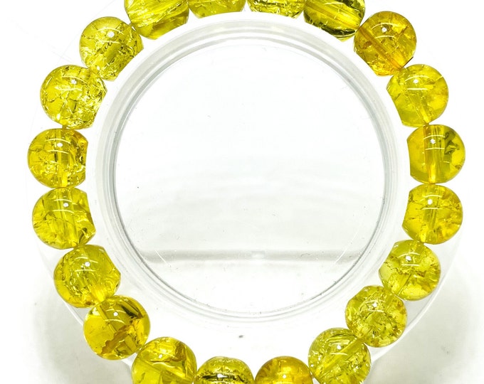 Crackle Quartz Handmade Cracked Crystal 10mm Polished Smooth Gemstone Bracelet (Yellow Gold) - PGB239C