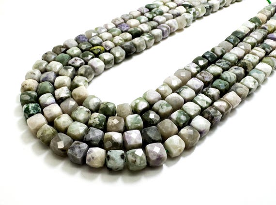 Natural Green Tree Agate C Faceted Square Cube 7mm Gemstone Beads - PGS121