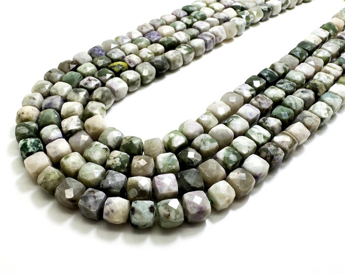 Natural Green Tree Agate C Faceted Square Cube 7mm Gemstone Beads - PGS121