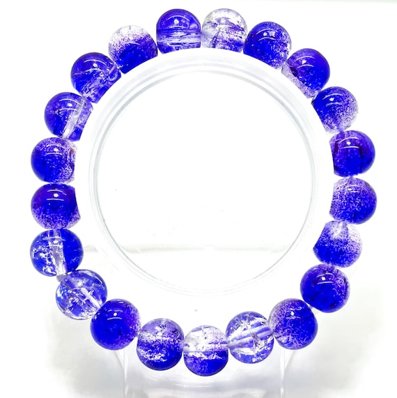 Crackle Quartz Handmade Cracked Crystal 10mm Polished Smooth Gemstone Bracelet (Navy Blue Clear) - PGB238F