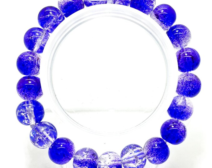 Crackle Quartz Handmade Cracked Crystal 10mm Polished Smooth Gemstone Bracelet (Navy Blue Clear) - PGB238F