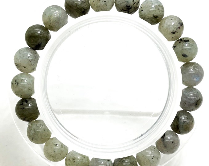 Gray Labradorite Smooth Round Gemstone Beaded 8mm Bead Stretch Elastic Handmade Bracelet - PGB199
