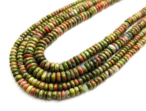 Unakite Beads, Natural High Quality Green Unakite Smooth Polished Rondelle Round Flat Gemstone Beads - RD34