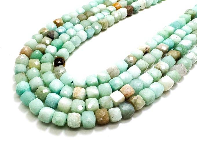 Natural Amazonite Faceted Square Cube 7mm Gemstone Beads - PGS121