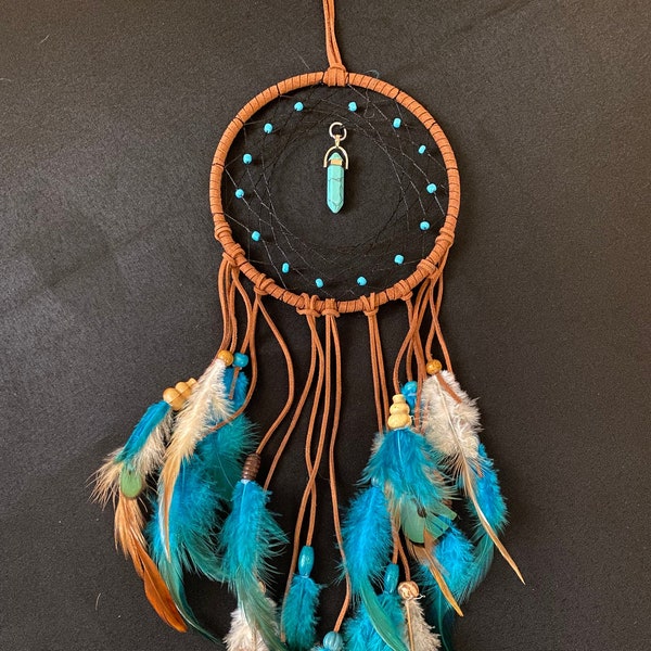 Native Made Turquoise Crystal Dream Catcher, Boho Decor Dreamcatcher Wall Art with Reiki Infused Healing