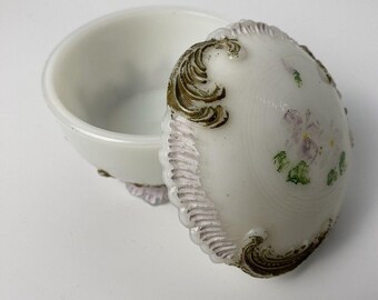 Vintage Hand Painted Milk Glass Trinket Box With Lid