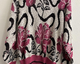80s Vintage Lefolio Womens M P Graphic Rose Sweater Pink Vibrant Retro AOP J16
