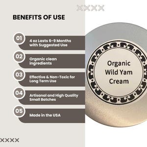 Artisanal Wild Yam Cream by Naturally Native, Organic Small Batch Herbal Remedies, Cream for Women, Clean Ingredients, Women's Health Gift benefits listed: Organic, clean ingredients, made in the USA, Effective, non toxic for long term use, artisanal high quality small batch,
