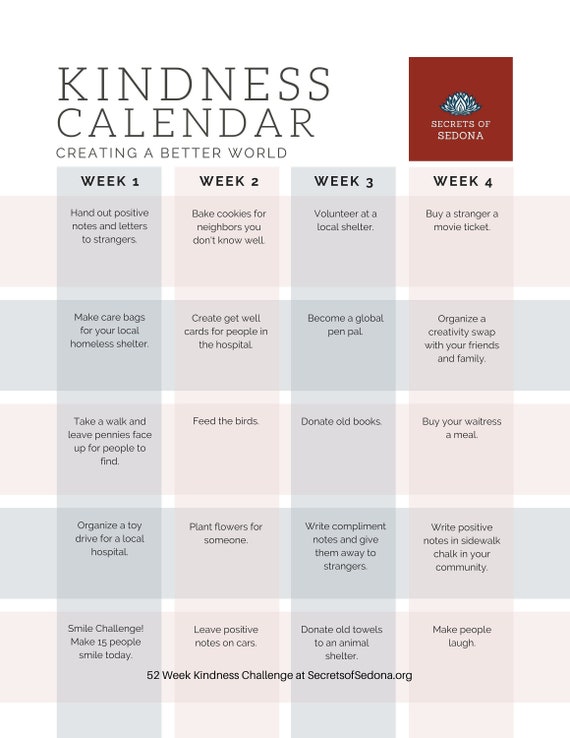 Printable Kindness Calendar Kindness Activities for Kids | Etsy