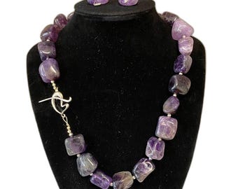 Artisan Genuine Chunky Amethyst Boho Gemstone Necklace Earring Set 925 Silver