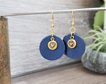 Genuine Leather Earrings blue  and gold heart unique earings Leather Jewelry, Summer Accessory, Gifts for Her, Gifts for Grad