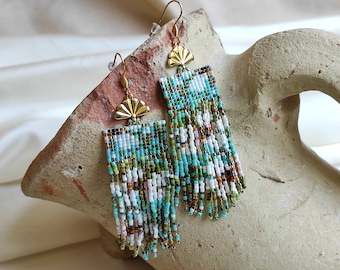 Floral beaded turquoise earrings, long fringe flower beaded dangle earrings, handmade  eclectic earrings liberty style