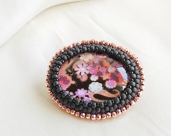 Hand embroidery beaded brooch for knitwear - floral brooch scarf brooch handmade embroidery shawl brooch large in vintage style with leather