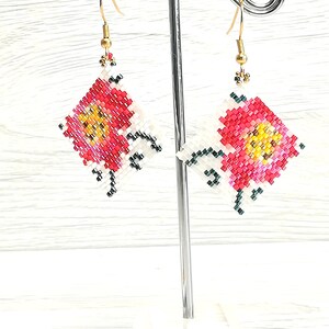 Peyote stitch ideas digital download red flower earrings pdf jewelry tutorial image 10