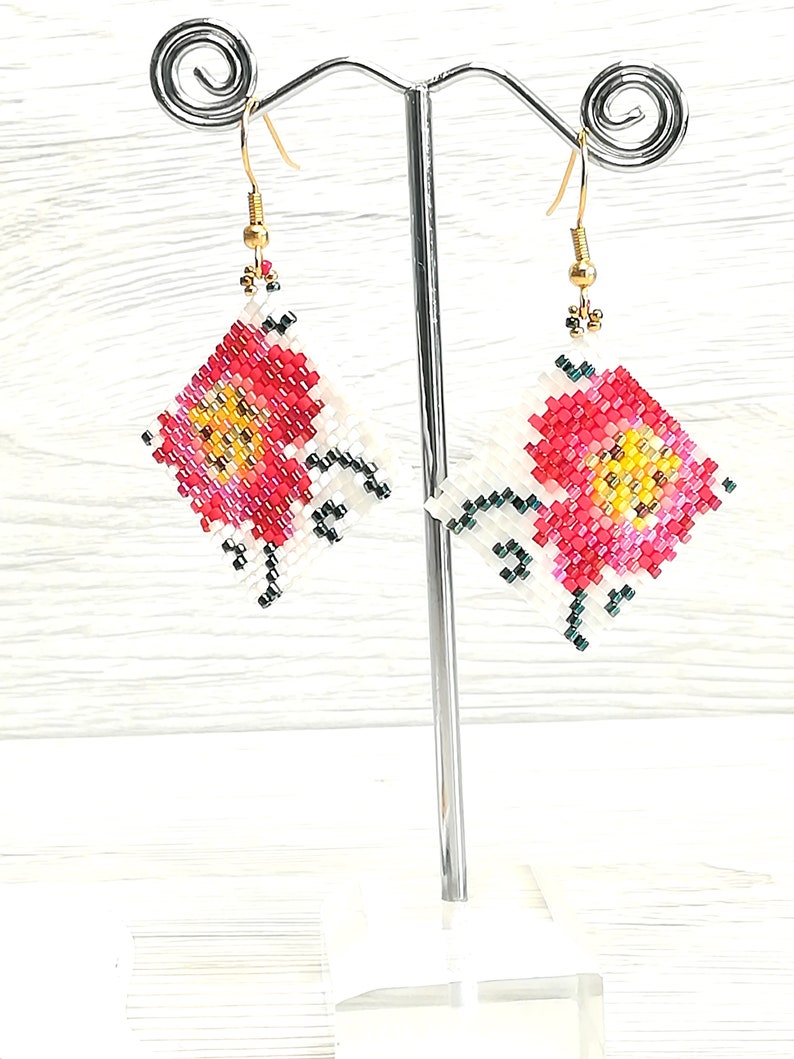 Peyote stitch ideas digital download red flower earrings pdf jewelry tutorial image 10