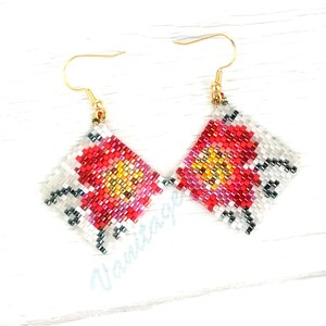 Peyote stitch ideas digital download red flower earrings pdf jewelry tutorial image 7