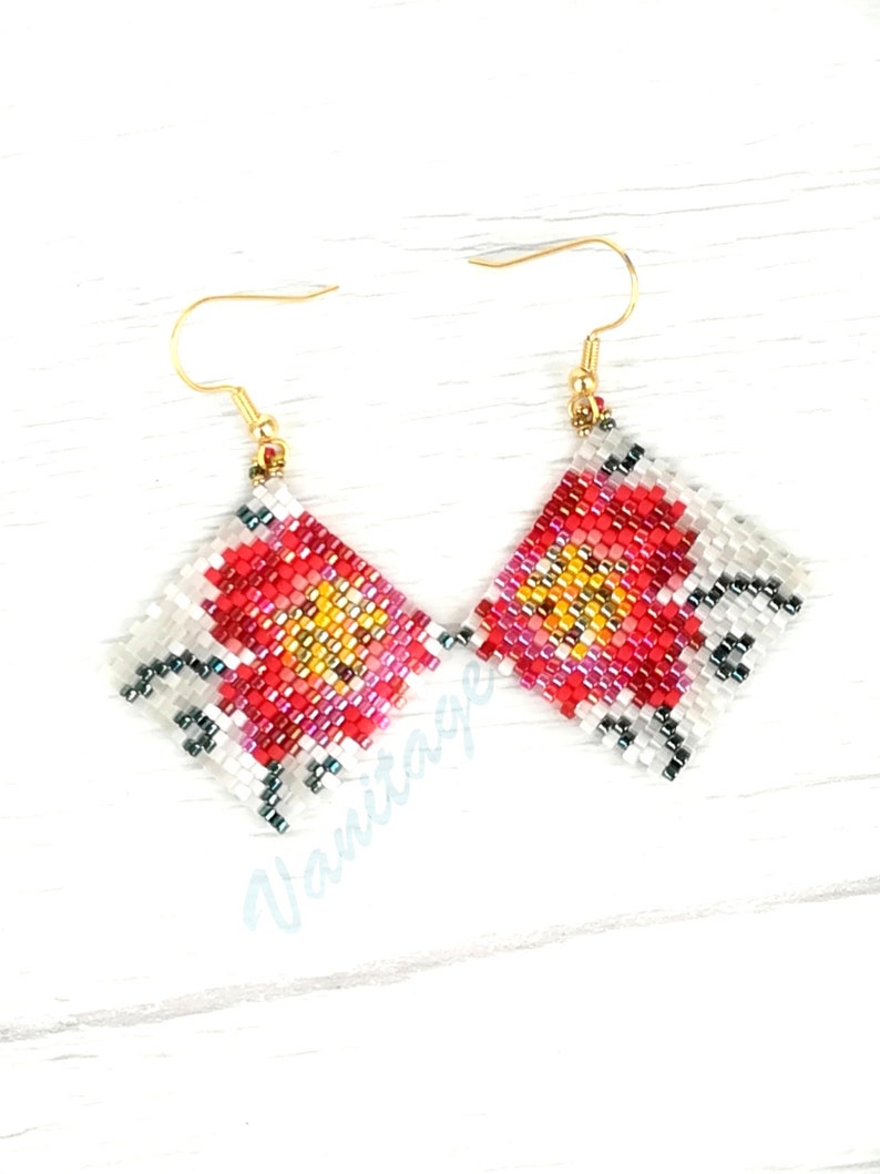 Peyote stitch ideas digital download red flower earrings pdf jewelry tutorial image 7