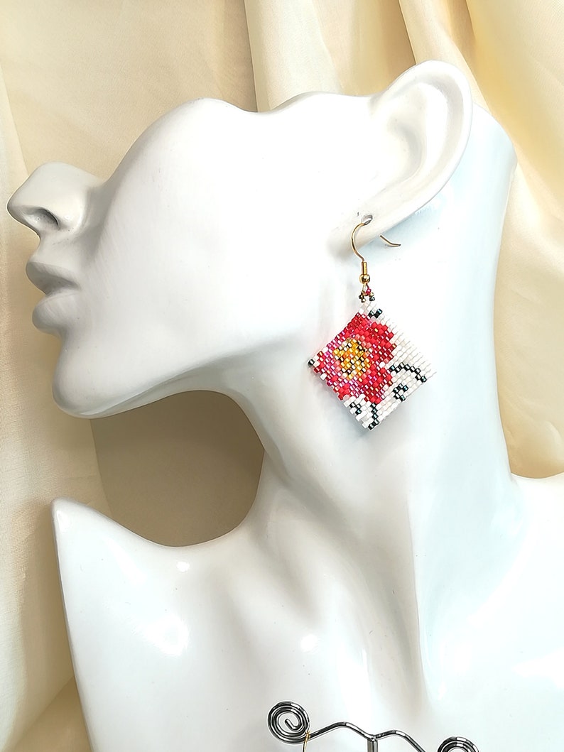 Peyote stitch ideas digital download red flower earrings pdf jewelry tutorial image 3