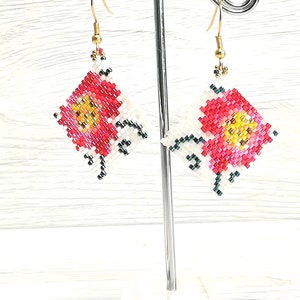 Peyote stitch ideas digital download red flower earrings pdf jewelry tutorial image 4