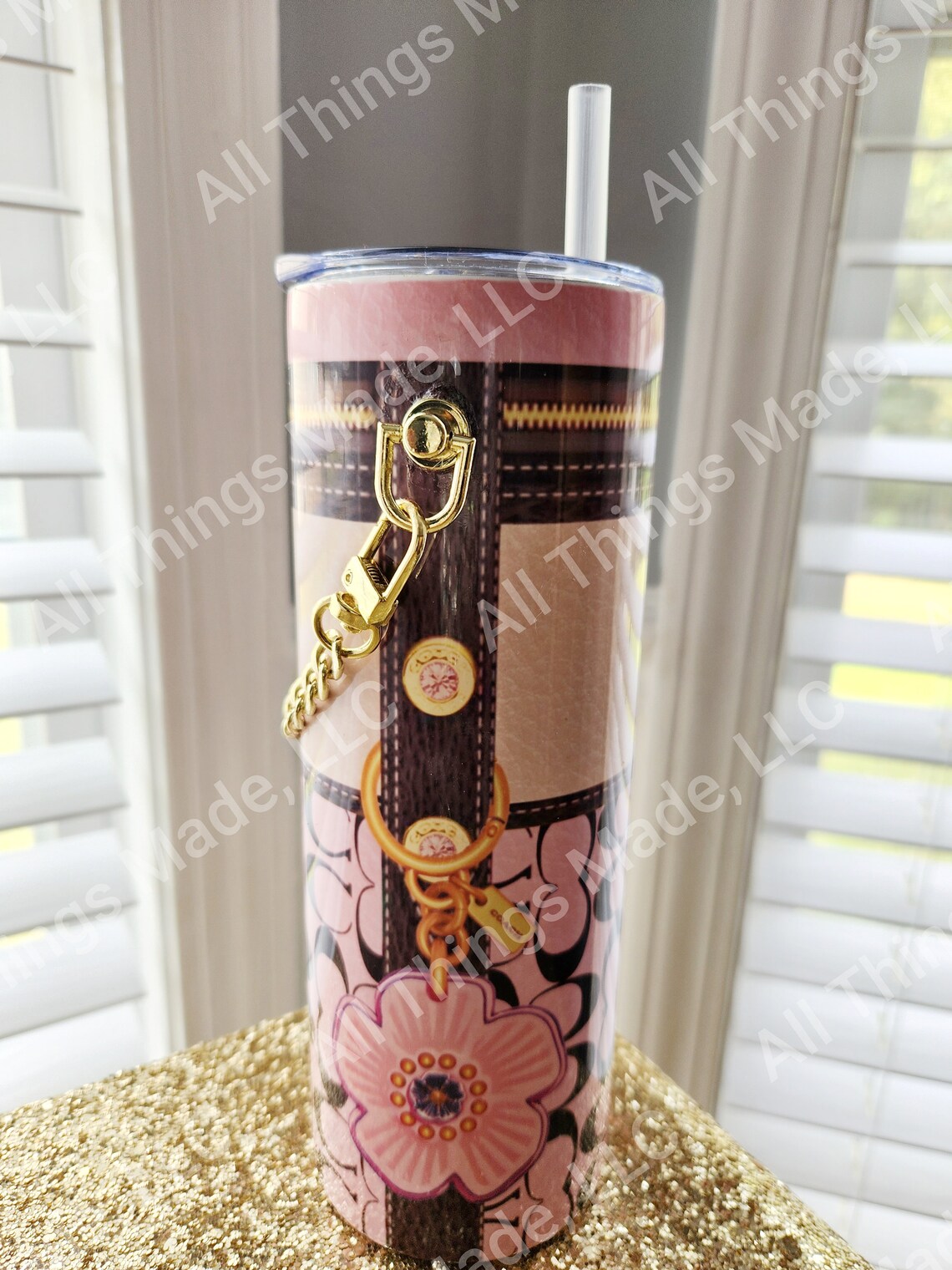 Pink Designer Tumbler With Gold Chain 20oz 20ounce Drink Skinny Tall Steel Tumbler Coffee Cup