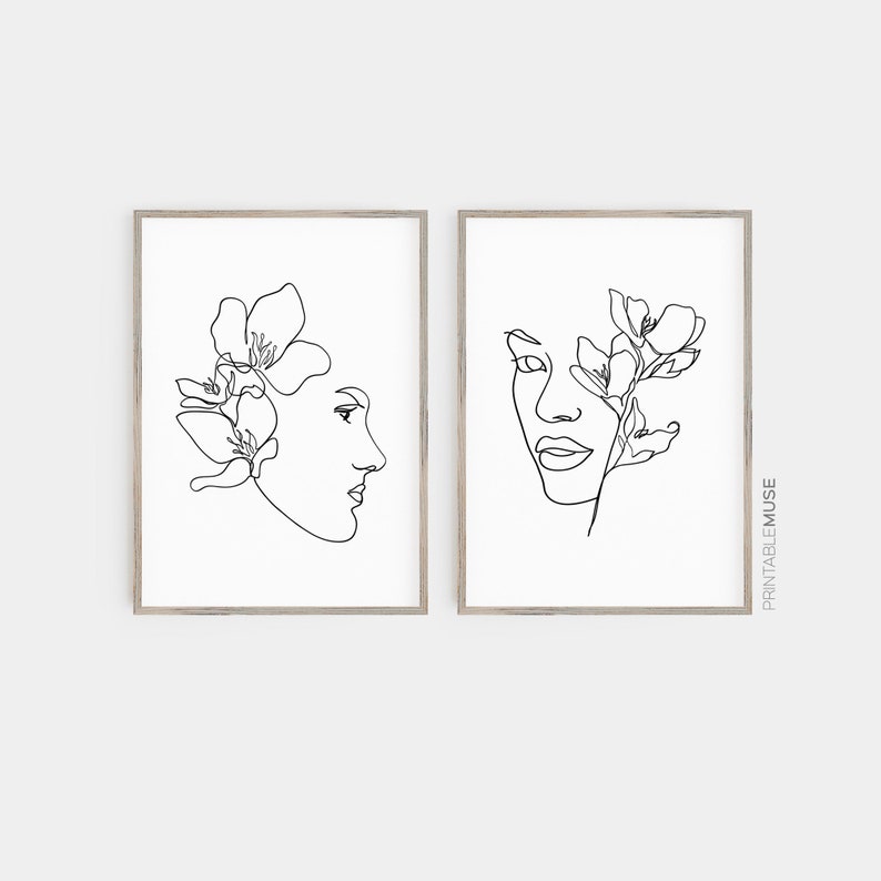 Female Floral Line Art Gallery Wall Set of 2 Printable Etsy