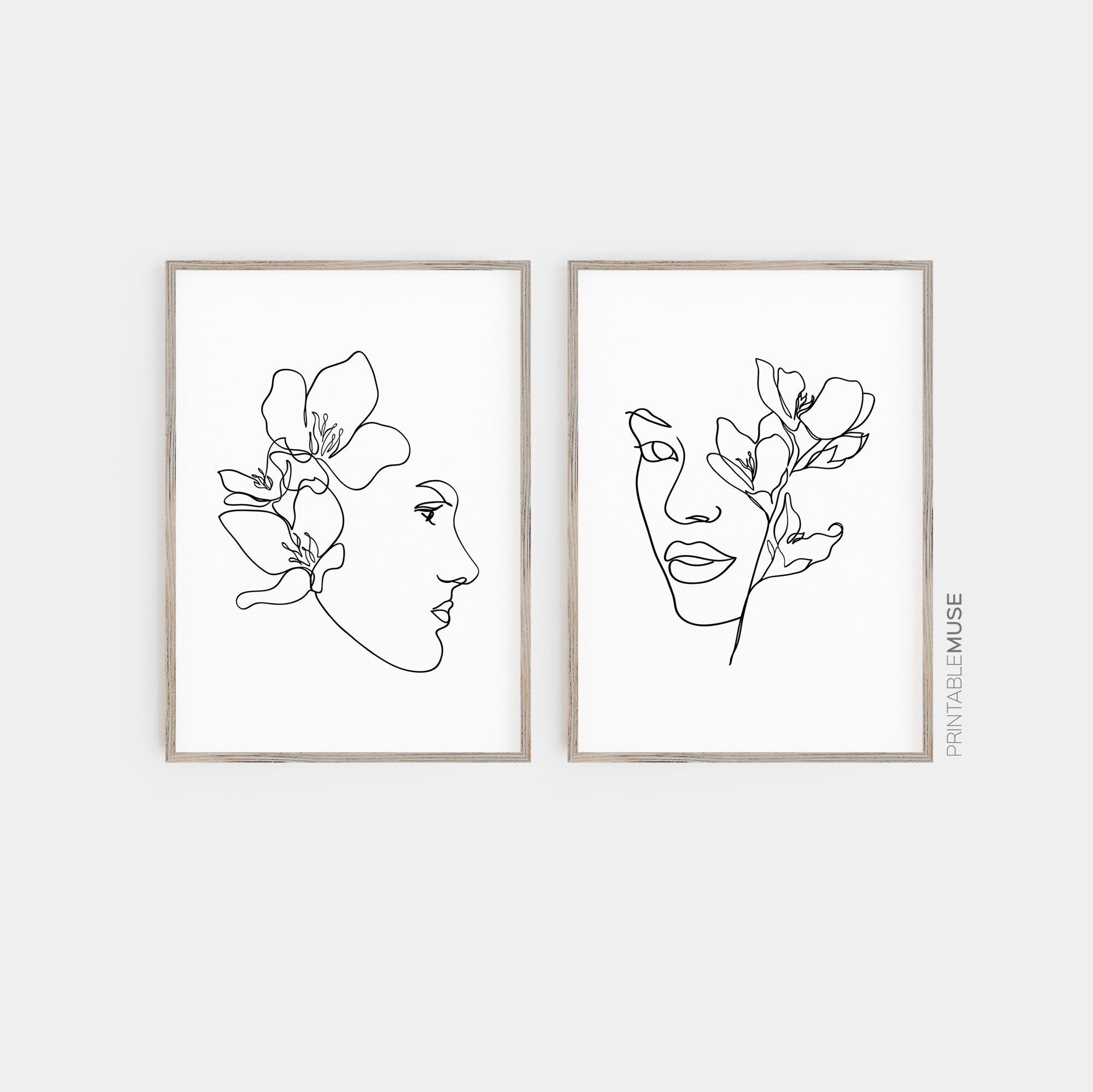 Female Floral Line Art Gallery Wall Set of 2 Printable Etsy