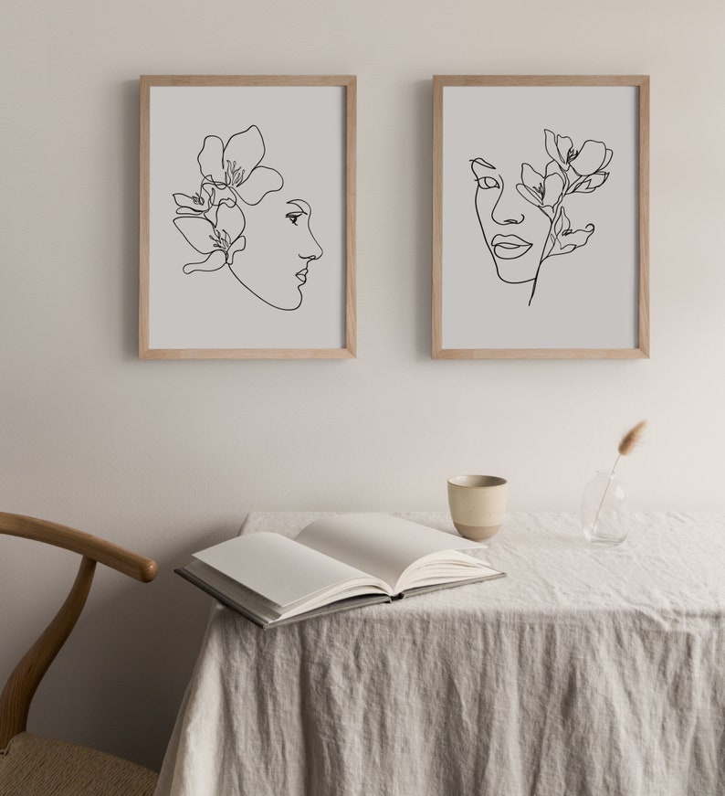 Female Floral Line Art Gallery Wall Set of 2 Printable Etsy