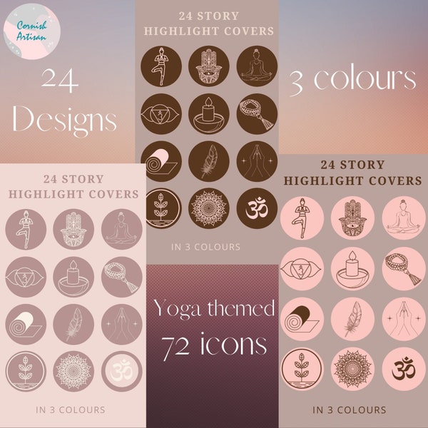 Yoga Instagram Story Highlight 72 Icons- 24 Icons 3 colours (72) Boho, Blush - Tan - Coffee Bloggers Influencers, Meditation, Om, asana