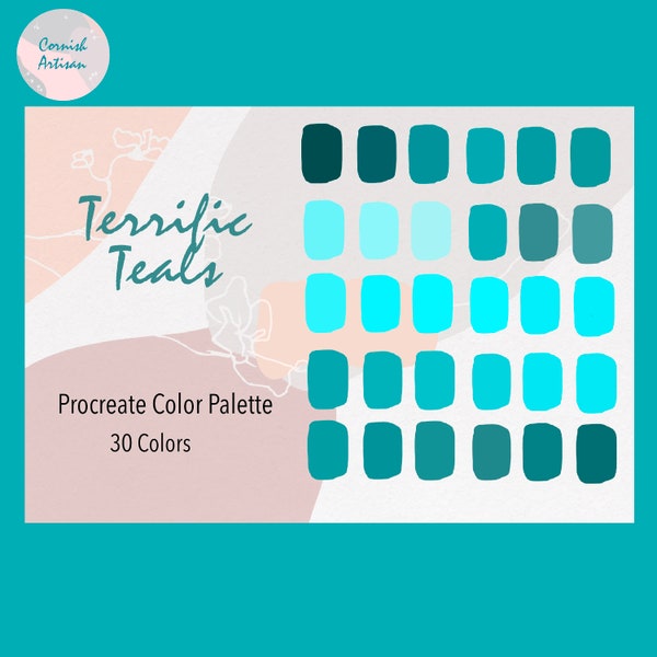 Procreate Color Palette, Terrific Teals,  turquoise, mint.  INSTANT DOWNLOAD, Teal, turquoise boho colours