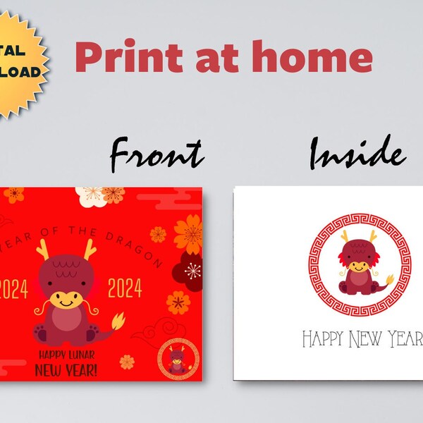 2024 Lunar New Year Card - Printable Card - Dragon - INSTANT DOWNLOAD- Matching envelope file included -Year of the Dragon - CUTE