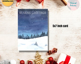 Printable Card -Watercolor Xmas -Seasons Greetings  - Holiday Greetings - Instant DOWNLOAD