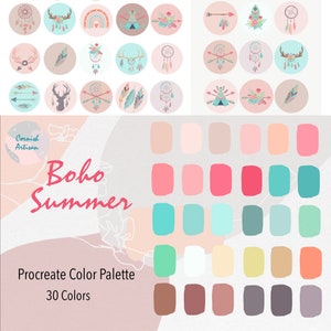 May include: A digital colour palette with 30 colours in shades of pink, red, blue, green, brown, and grey. The palette is labelled "Boho Summer" and "Procreate Colour Palette".